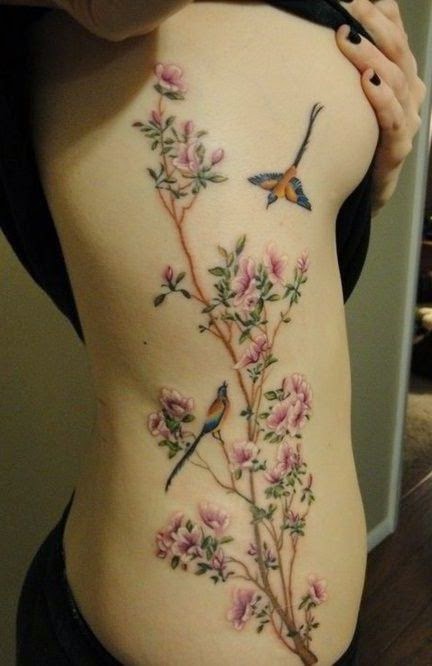 Women, Flower, Attractive Tattoos On Women Hip, Women Hip With Stylish Flowers Tattoo, Colorful Sparrow Birds Tattoo, Wonderful Women Hip Lower Tattoos, 