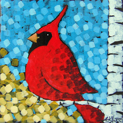 Return to Schmidt Lake No. 1 by artist aaron kloss, painting of a cardinal in the fall, pointillism, painting at sivertson gallery