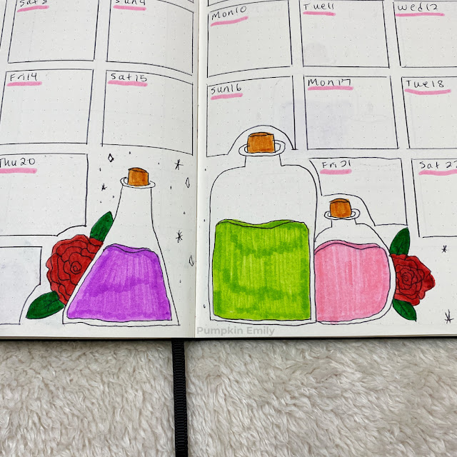 A close up of three potion bottles and two roses on a two page weekly spread.