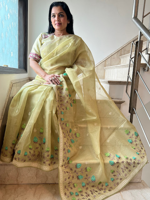 Unveiling the Elegance of Double Tissue Embroidered Olive Green Kota Doria Saree