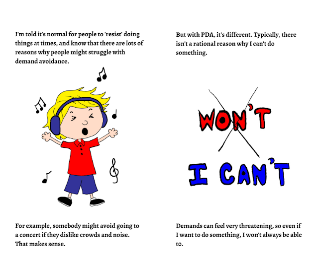 I'm told it's normal for people to 'resist' doing things at times, and know that there are lots of reasons hy people might struggle with demand avoidance. For example, somebody might avoid going to a concert if they dislike crowds and noise. That makes sense. But with PDA, it's different. Typically, there isn't a rational reason why I can't do something. Demands can feel very threatening, so even if I want to do something, I won't always be able to.