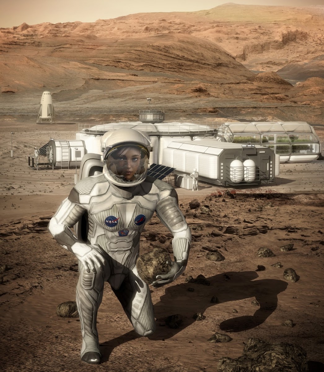 Female astronaut in front of Mars base by Bryan Versteeg