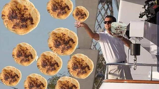 A comical meme of Leonardo DiCaprio joyfully flinging pupusas into the air, reminiscent of his iconic scene from a movie, celebrating his love for this Salvadoran delight.