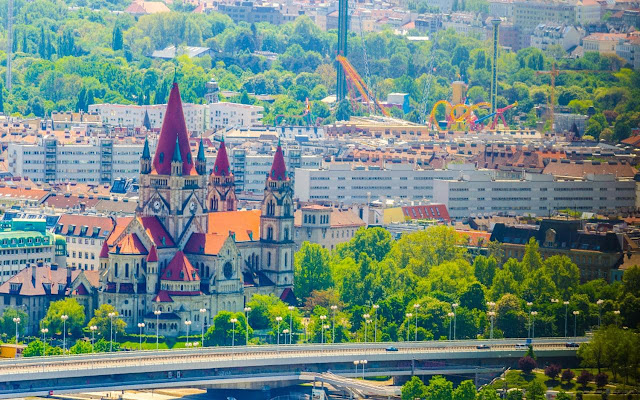 View of Francis of Assisi Church on the Danube River in Vienna, Austria