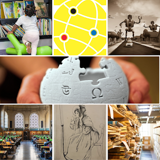 A girl reaching for books on a shelf, yellow graphic of a circle with coloured dots, giant robots chasing a car, hand holding a sphere with symbols on it, interior of a library, drawing of a woman in old-fashioned dress, books on a shelf with boxes in the background