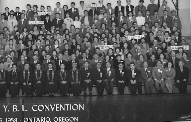 Black and White photo of the attendees of the NW District convention in 1958 from Wapato, White River, Tacoma, Portland, Spokane