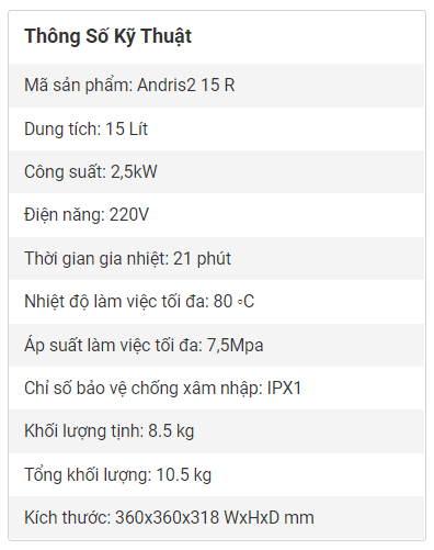 Bình Nóng Lạnh Ariston 15 Lít Andris2 15R