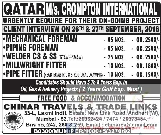 Qatar crompton international jobs free food & Accommodation