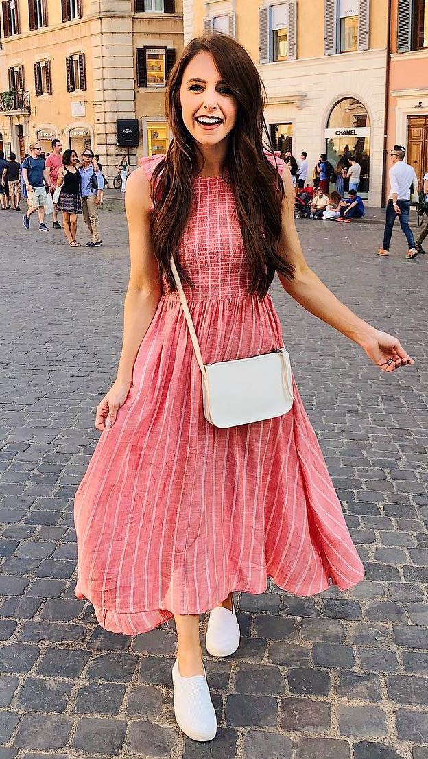 romantic outfit idea / red midi dress + bag + slip-on