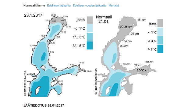 Kuvakaappaus ilmatieteenlaitoksen jäätilanteesta 23.1.2017 (vähän jäätä) ja 21.01 (paljon enemmän jäätä)