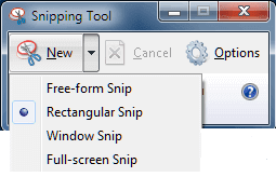 4 Pilihan ScreenShot di Snipping Tool. 1. Free-form Snip, 2. Rectangular Snip, 3. Window Snip, 4. Full-screen Snip. Blog Mas Dory