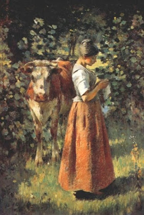 quadro la vachere - a vaqueira, mostra uma bela moça em primeiro plano entre árvores com uma vaca por trás dela  
