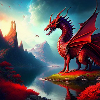 A red dragon stands tall as it overlooks a fantasy land