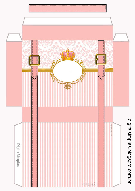 Gold and Pink Crown: Free Printable Suitcase Favor Box. 