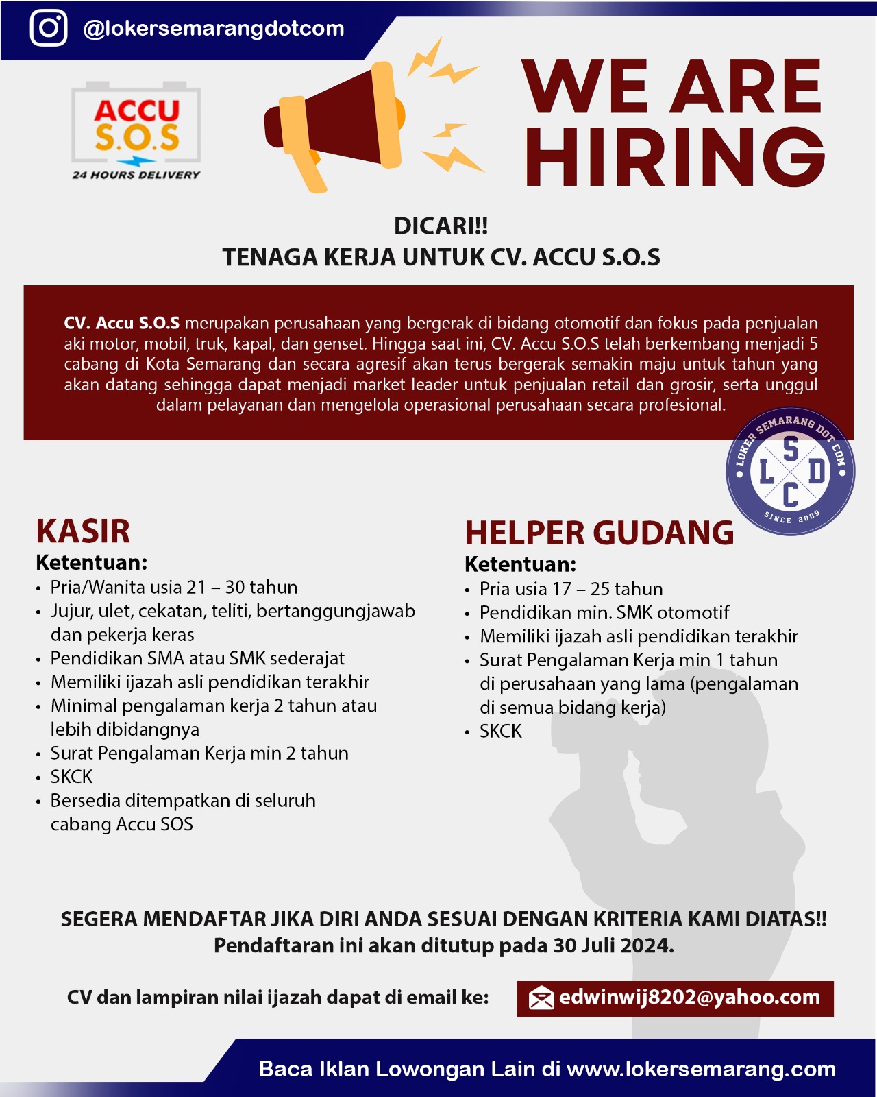 Loker Bulan Juli 2024 di CV ACCU SOS Semarang