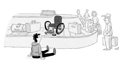 Black and white cartoon drawing of man sitting near baggage pickup looking at his wheelchair on the conveyer