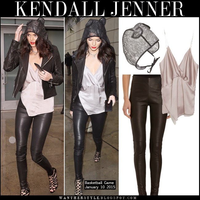 WHAT SHE WORE: Kendall Jenner with lace mouse ears rain hood with silk top  and leather leggings going to a basketball game on January 10 ~ I want her  style - What