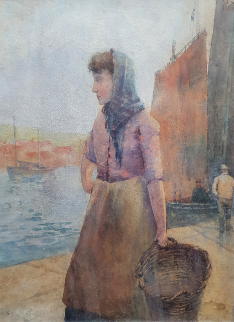 Watercolour of a fisherwoman dressed in pink, with a blue shawl, carrying a wicker basket on a quay, by James Thwaite Irving.