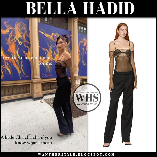 Bella Hadid wearing sheer top and black trousers
