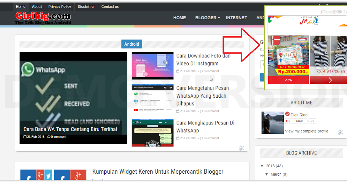 Cara Membuat iklan Melayang Dengan Tombol Close Di Blogger 