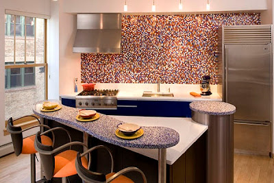 modern kitchen with colorful glass tiles backsplash