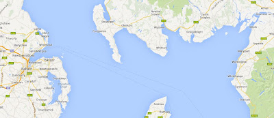 A Google map snip showing the coasts of Cumbria, southern Scotland, eastern Northern Ireland and the top of the Isle of Man