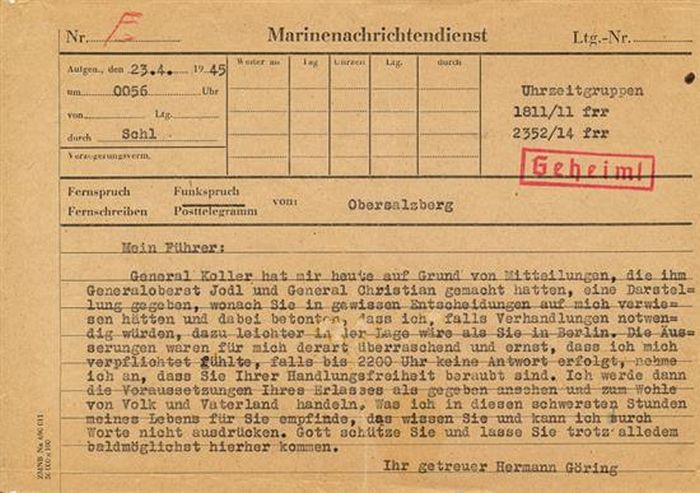 The telegram that drove Hitler to suicide, recently sold for $55,000