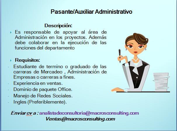 Vacante para Pasante / Auxiliar Administrativo