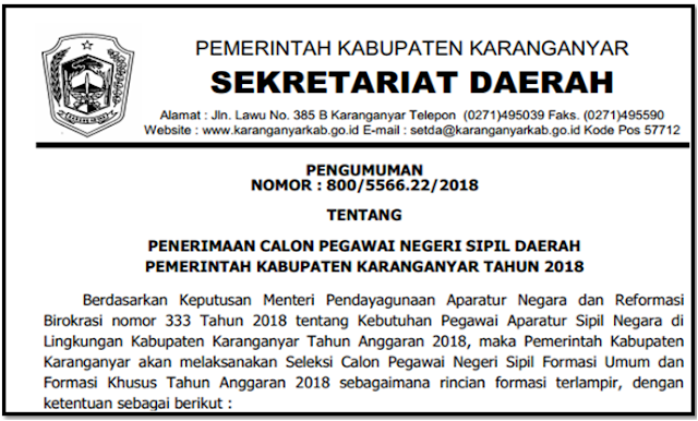 Formasi Penerimaan CPNS Kabupaten Karanganyar Tahun 2018