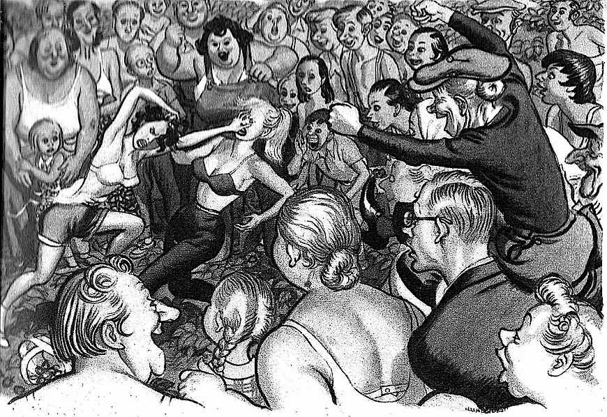 Leslie Illingworth cartoon 1958, women streetfighting