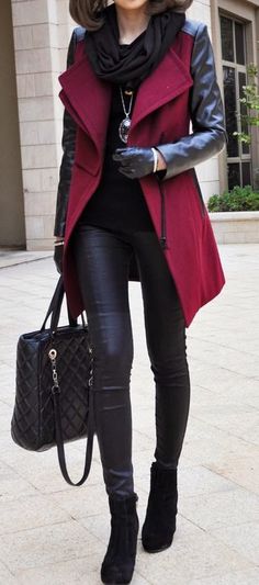 fashion trends| black scarf + coat + bag + top + boots + leggings