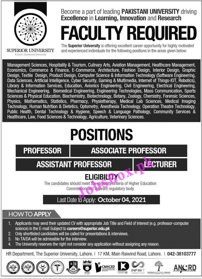 careers@superior.edu.pk - Superior University Lahore Jobs 2021 in Pakistan