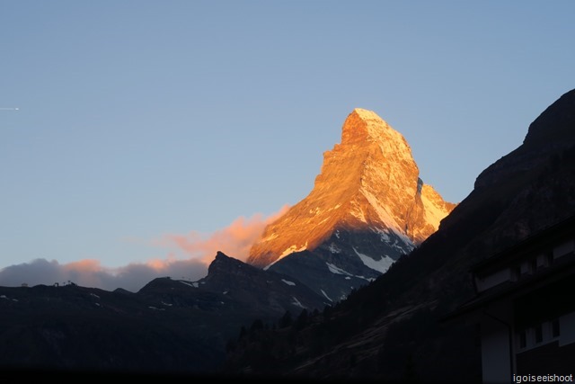 The Matterhorn at sun rise, at the time when the first rays of the sun hit its tip.