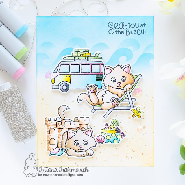 Beach Card with Kittens by Tatiana Trafimovich | Kitten Beach Stamp Set, Beach Bound Stamp Set, Summer Moments Stamp Set and Waves & Splashes Stencil by Newton's Nook Designs #newtonsnook