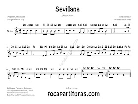  Partitura con Notas en Letra de una Sevillana Popular para Flautas, Violín Oboe... e Instrumentos en Clave de Sol