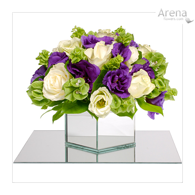 Love this purple and white bouquet with lucite square vase