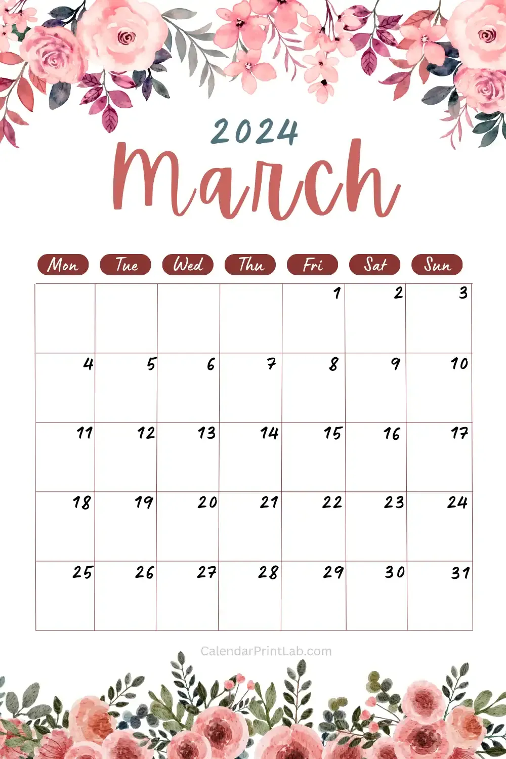 Floral March 2024 Calendar Printable