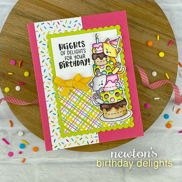 Birthday Card with cake and cats by Jennifer Jackson | Newton's Birthday Delights Stamp, Birthday Meows Paper Pad and Frames & Flags Die Set by Newton's Nook Designs