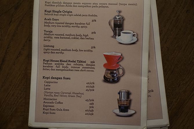 Daftar minuman kopi di Kedai Tjikini