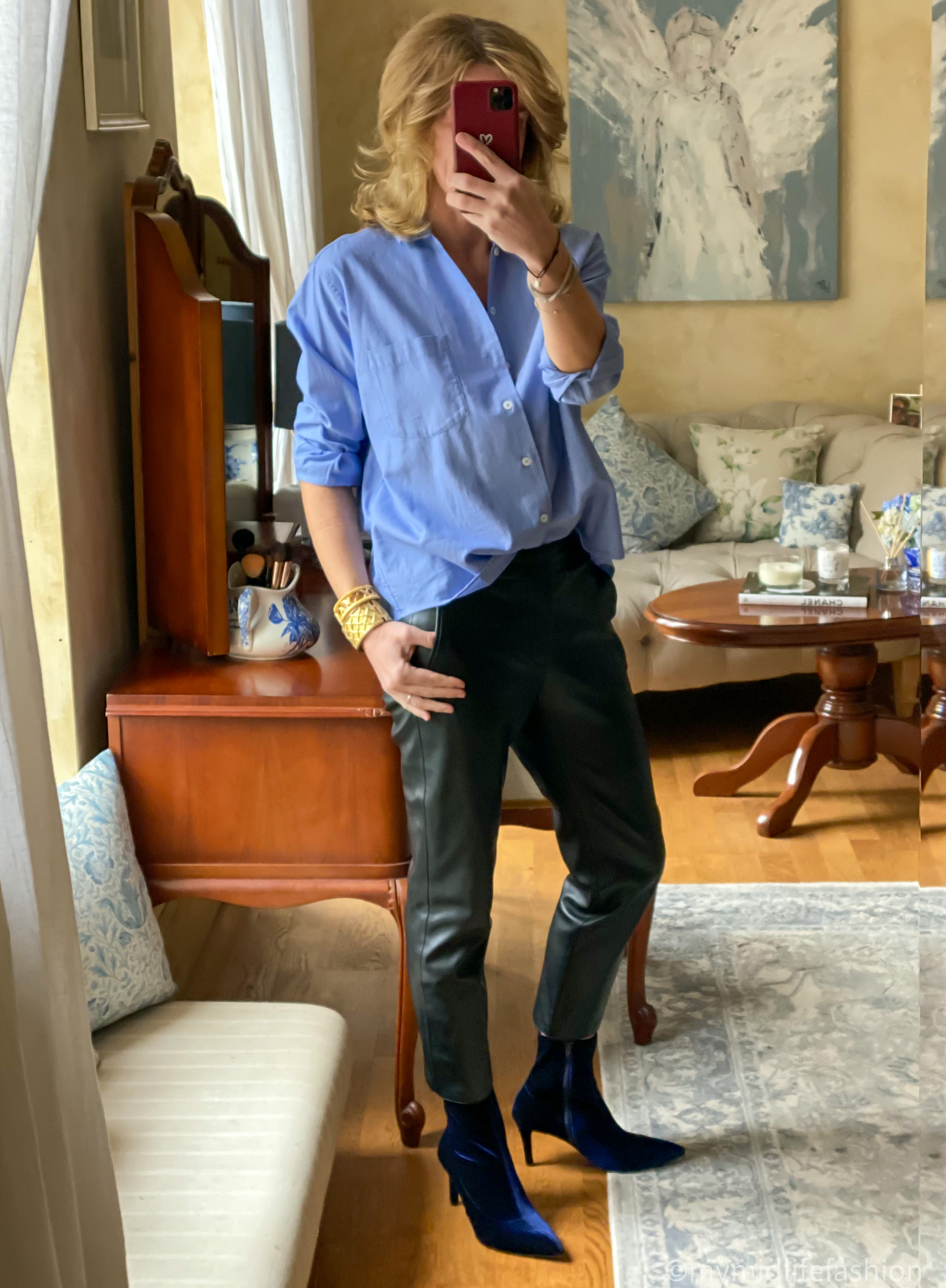 my midlife fashion, Zara oversized chambray shirt, Zara faux leather trousers, Marks And Spencer stiletto heel ankle boots