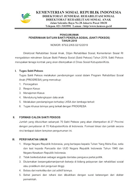  Informasi lowongan kerja terbaru kali ini berasal dari Kementerian Sosial Lowongan Kerja Sakti Peksos Kementerian Sosial