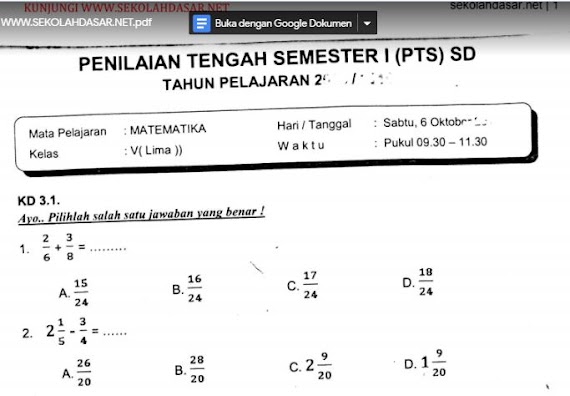 Contoh Soal Cerita Matematika Pecahan Kelas 5 Sd