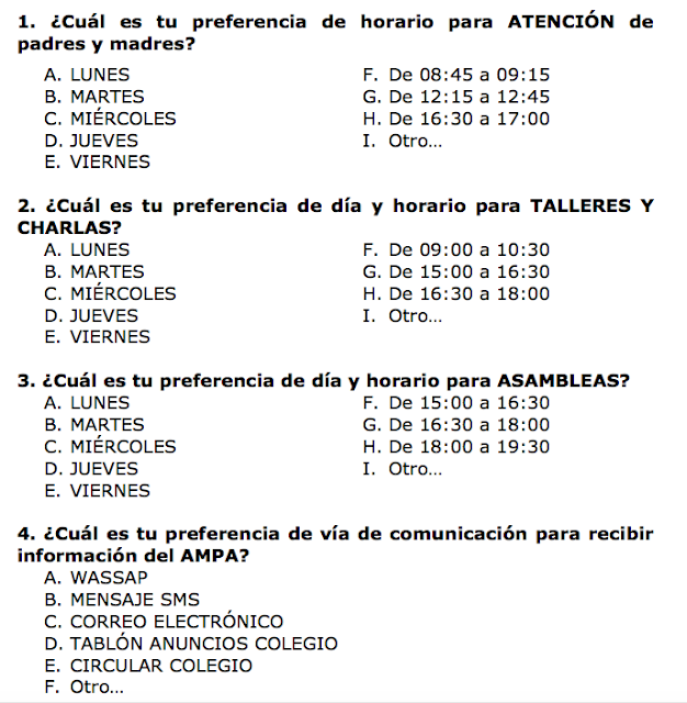 preguntas encuesta horario socios ampa colegio bonavista alaquas