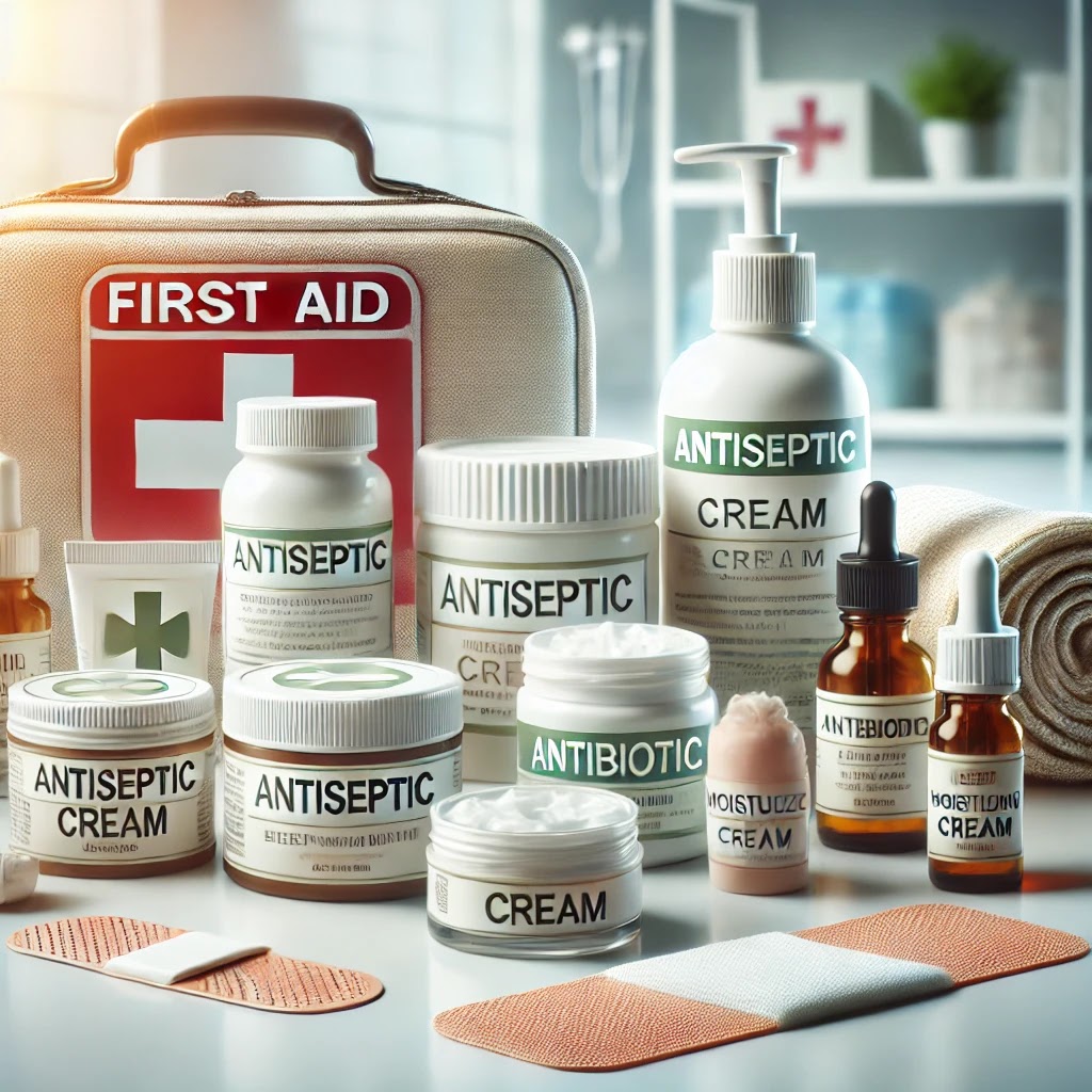 A variety of medical creams and ointments used for treating deep cuts and wounds.