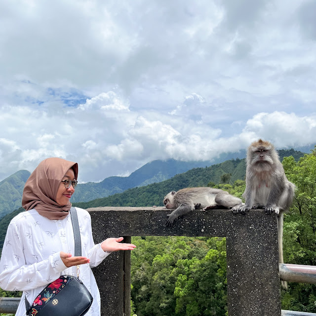 Aku berpose di samping dua ekor monyet