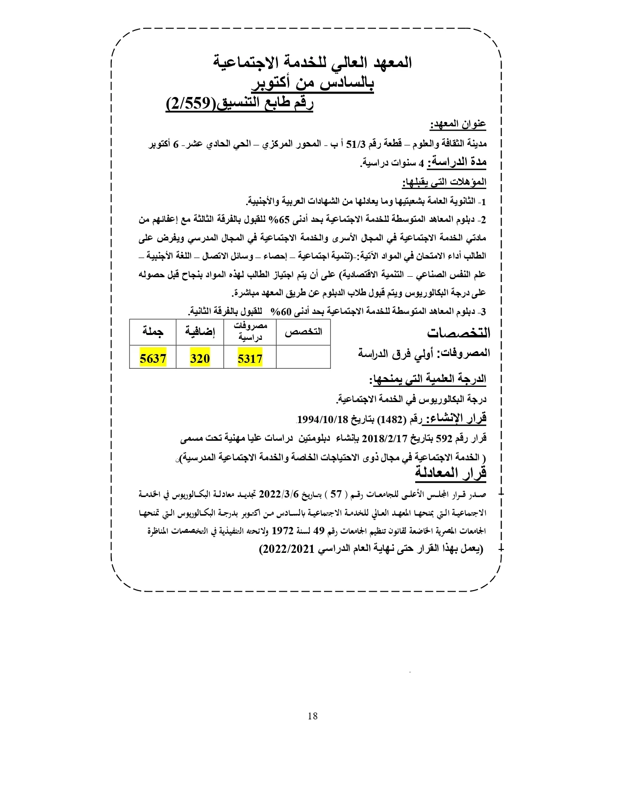 معهد خدمة اجتماعية 6 أكتوبر «مصروفات ومعلومات»