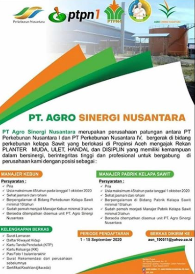 Lowongan Kerja PT Agro Sinergi Nusantara [PTPN 1 dan PTPN 2 GROUP] September 2020