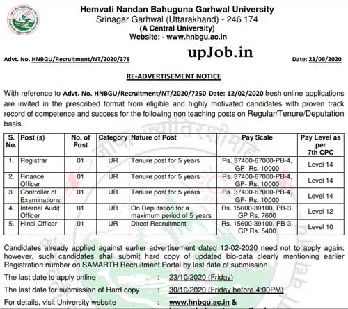 Hemwati Nandan Bahuguna University non-teaching vacancy notification application form 2020 hnbgu