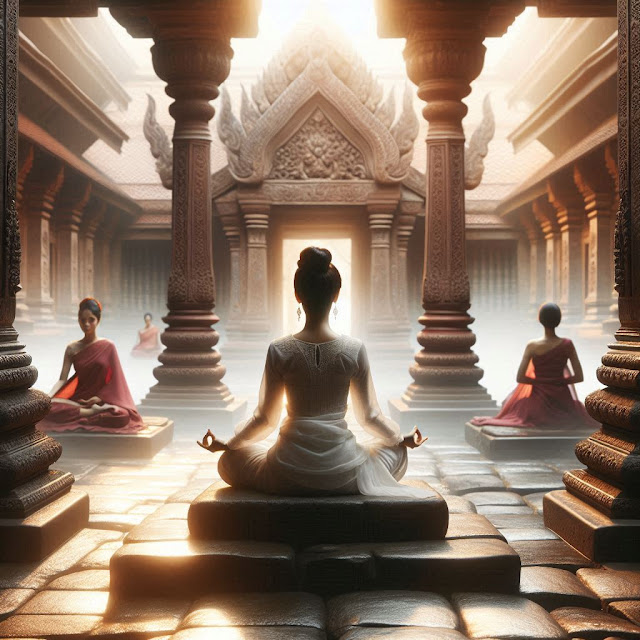 Femmes en méditation dans un ancien temple, assises en position de lotus, avec des colonnes sculptées et une lumière douce.
