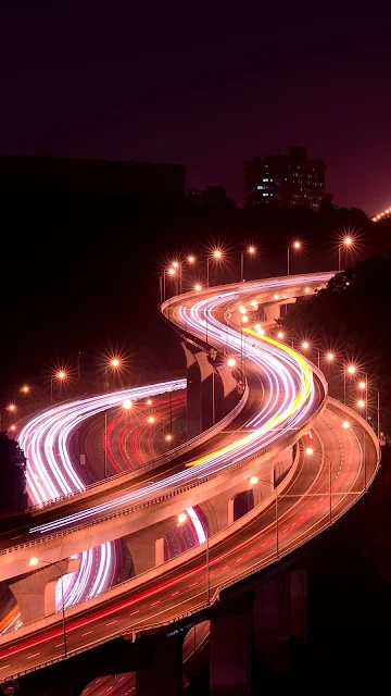 Night, Road, Lights, Bridge, Long Exposure